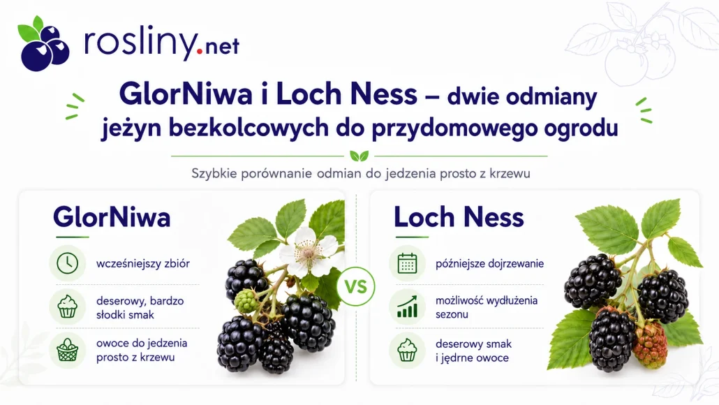 Inforgrafika: porównanie odmian jeżyn bezkolcowych GlorNiwa i Loch Ness